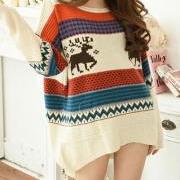 British Retro Style Mixing Color Deer Loose Fitting Knit Sweater
