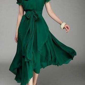 Deep Neck Line Flair Skirt Emerald Green Long Dress