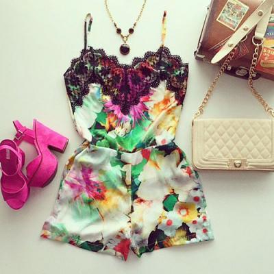 Sexy Lace Spliced Floral Print Sling Jumpsuit Shorts 