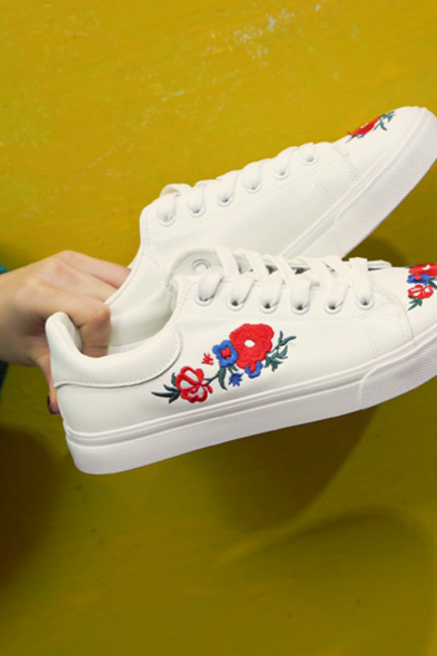 Leather Sneakers Featuring Floral Embroidery Detailing