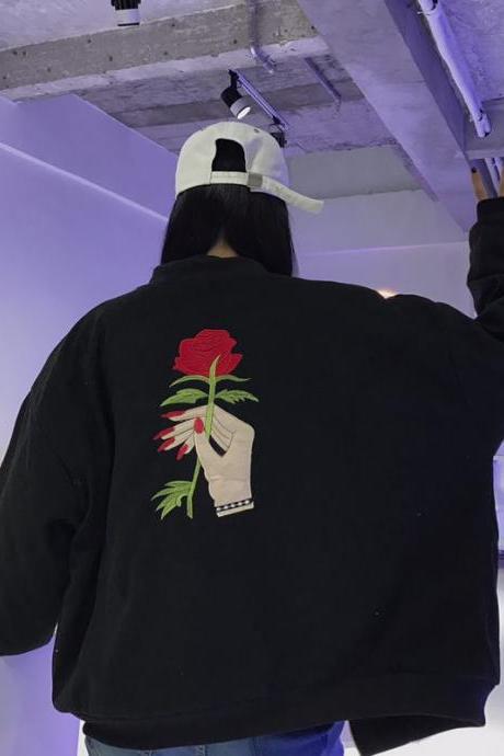 Holding Rose Embroidered Oversized Bomber Jacket 