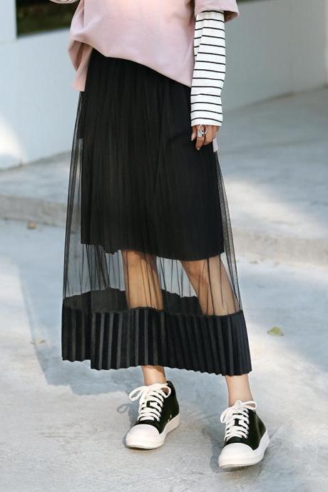 Black Pleated Mesh Double Layer Skirt